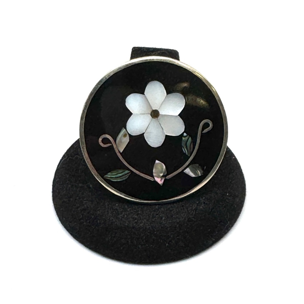 Vintage Alpaca Silvertone Black Enamel Pin Floral Mother-of-Pearl Abalone Inlay
